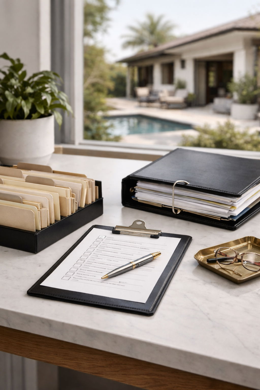 An office desk with a clipboard and pen, file folders, glasses on a tray, and a potted plant, with a view of a backyard with a pool and house through a window.