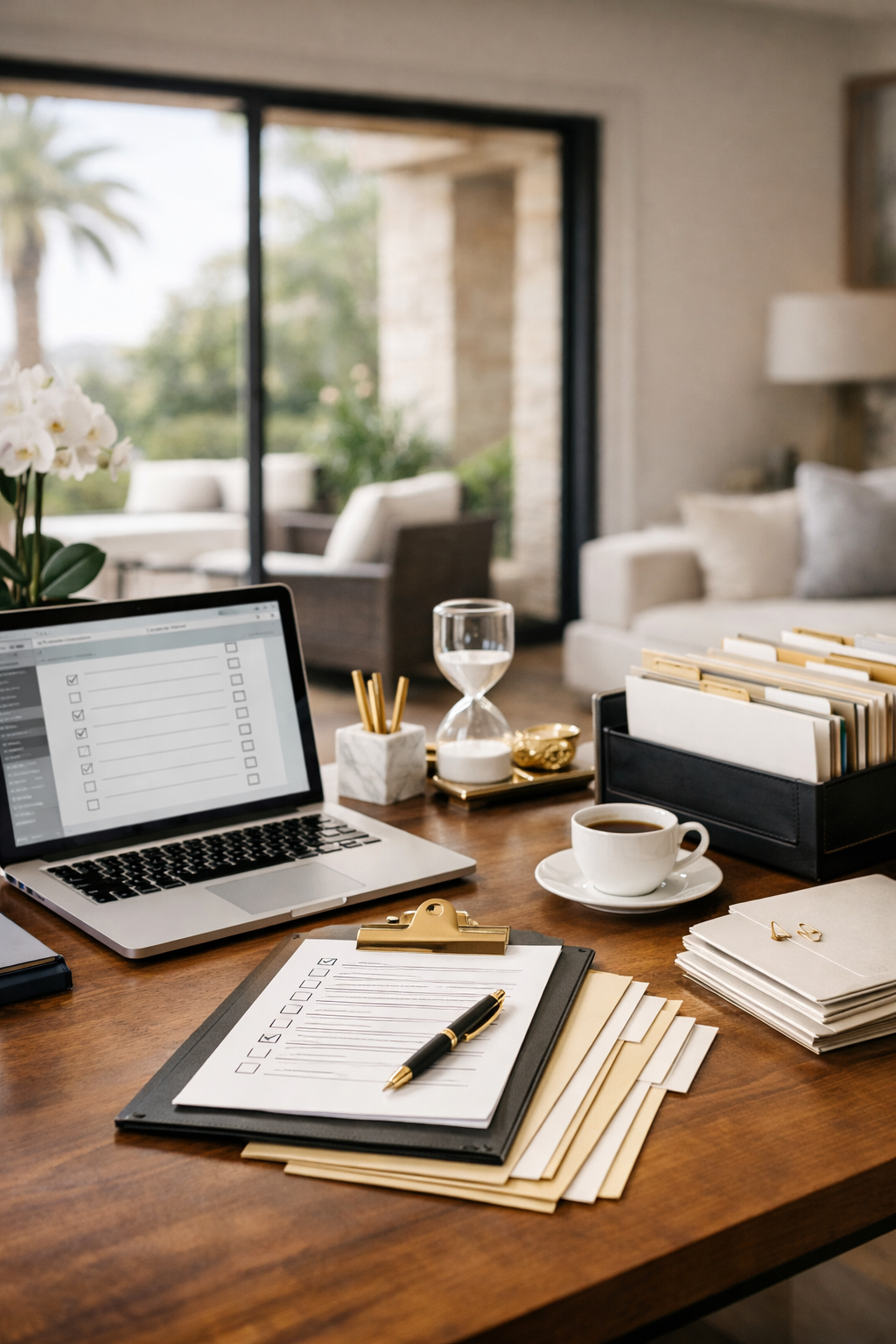 A home office with a wooden desk, a laptop, work papers, and a cup of coffee, overlooking a patio through a sliding glass door.