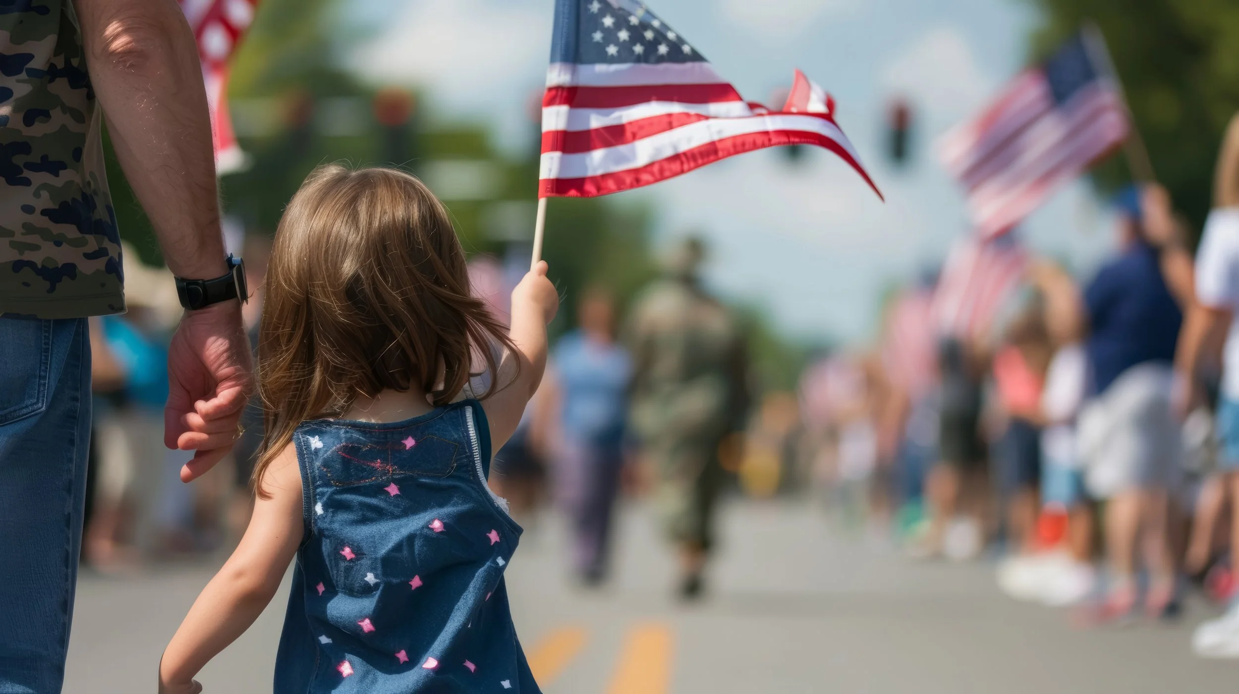 A young girl holding an American flag at a parade