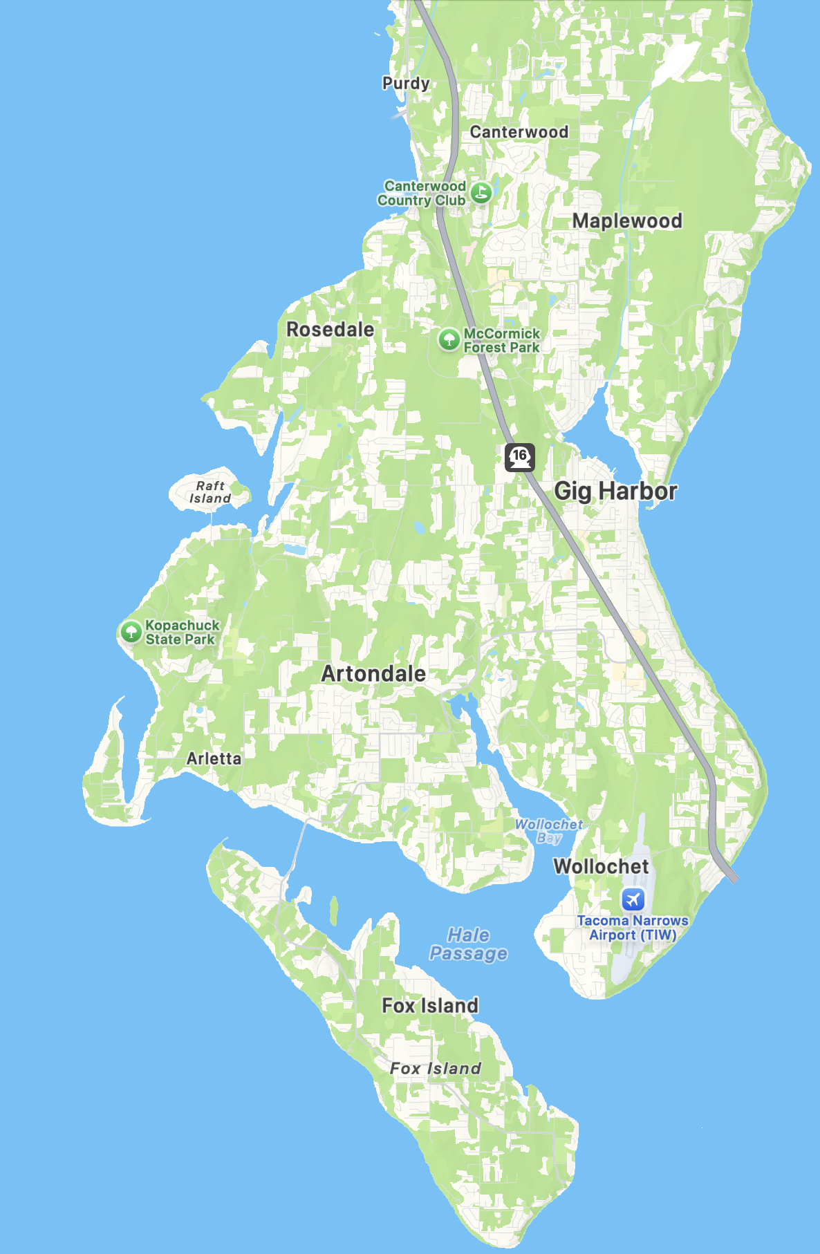Map showing Peninsula Key & Lock automotive locksmith service area in Gig Harbor from Narrows Bridge to Purdy Bridge, Kopachuck, and Sunrise Beach.