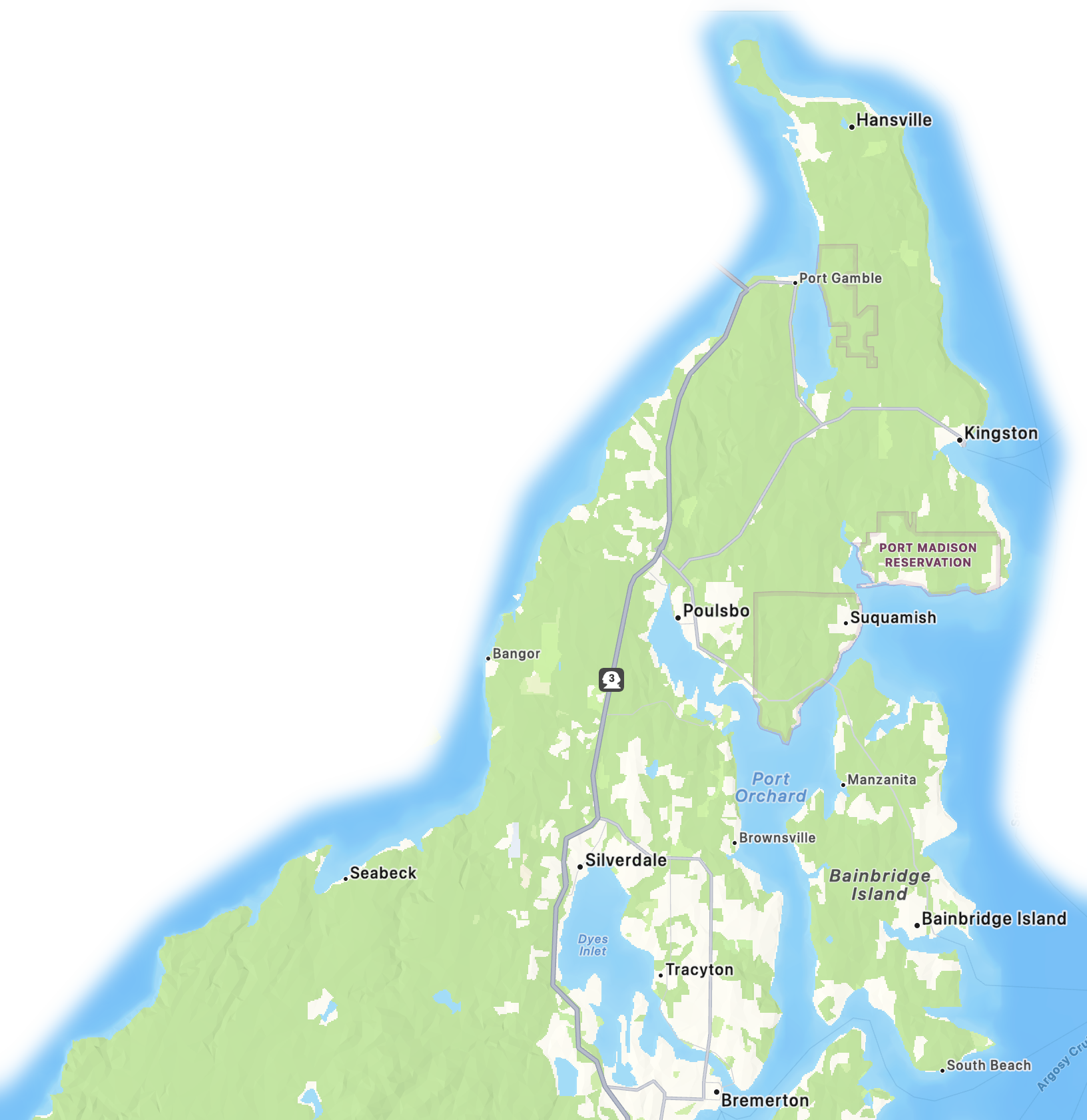 Map of the Bremerton and surrounding areas service map. This includes Bainbridge and all points between Bremerton and Hansville