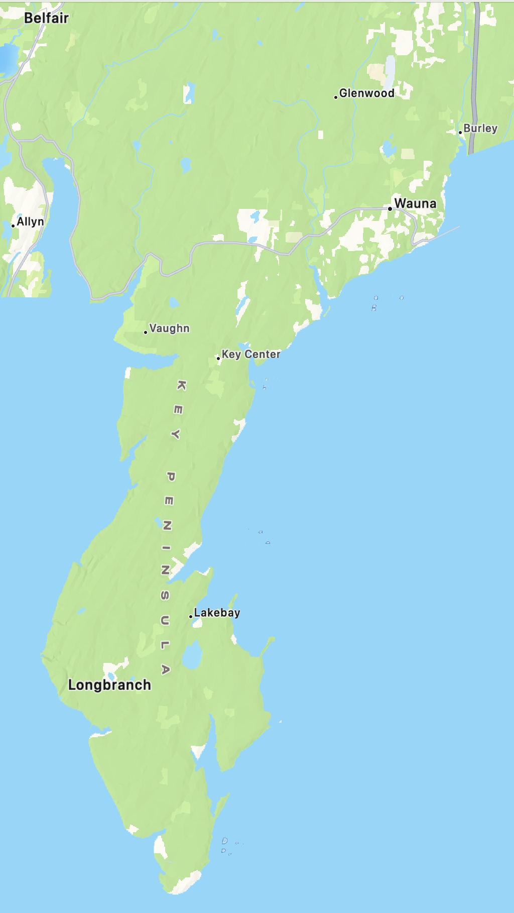 Map of  Key Peninsula Service Area  from the Purdy Bridge to Belfair including Allyn, Vaughn, Key Center, Lakebay and Longbranch.