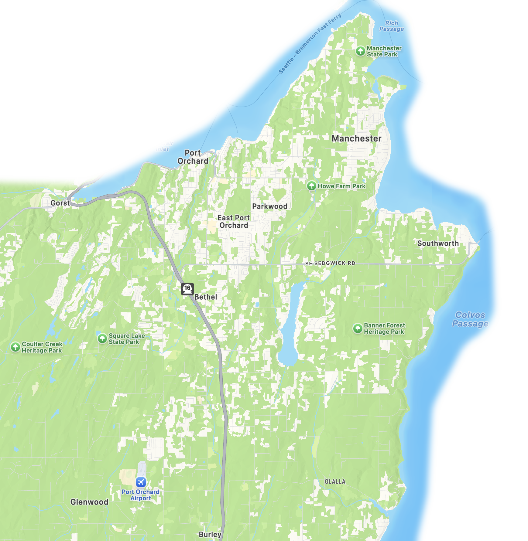 Map showing the Port Orchard Service area for Peninsula Key & Lock.  The area spans from Manchester to Glenwood and from the Port Orchard waterfront to south of Banner Forest.  It includes Gorst, Olalla and Burley as well as McCormick Woods Golf Club