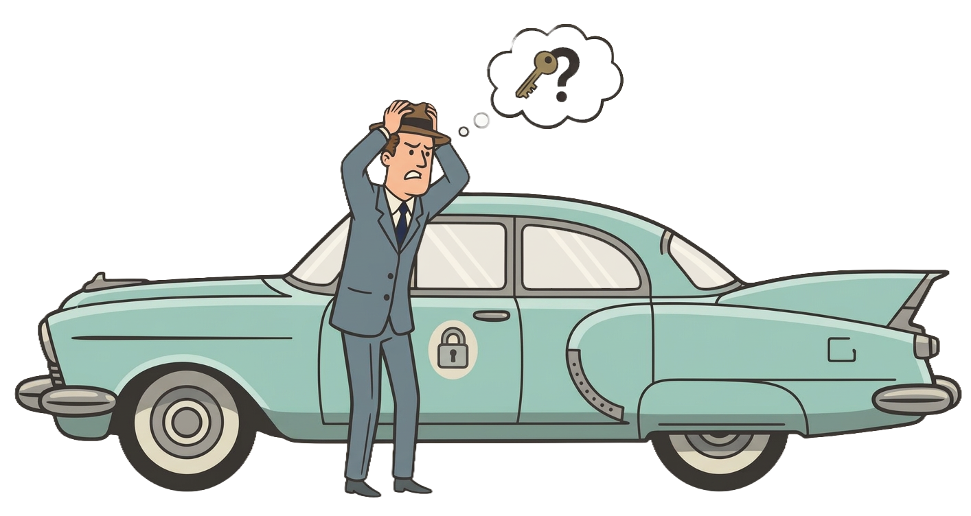 A man in a suit and hat standing next to a light blue vintage car with a thought bubble showing his lost keys.