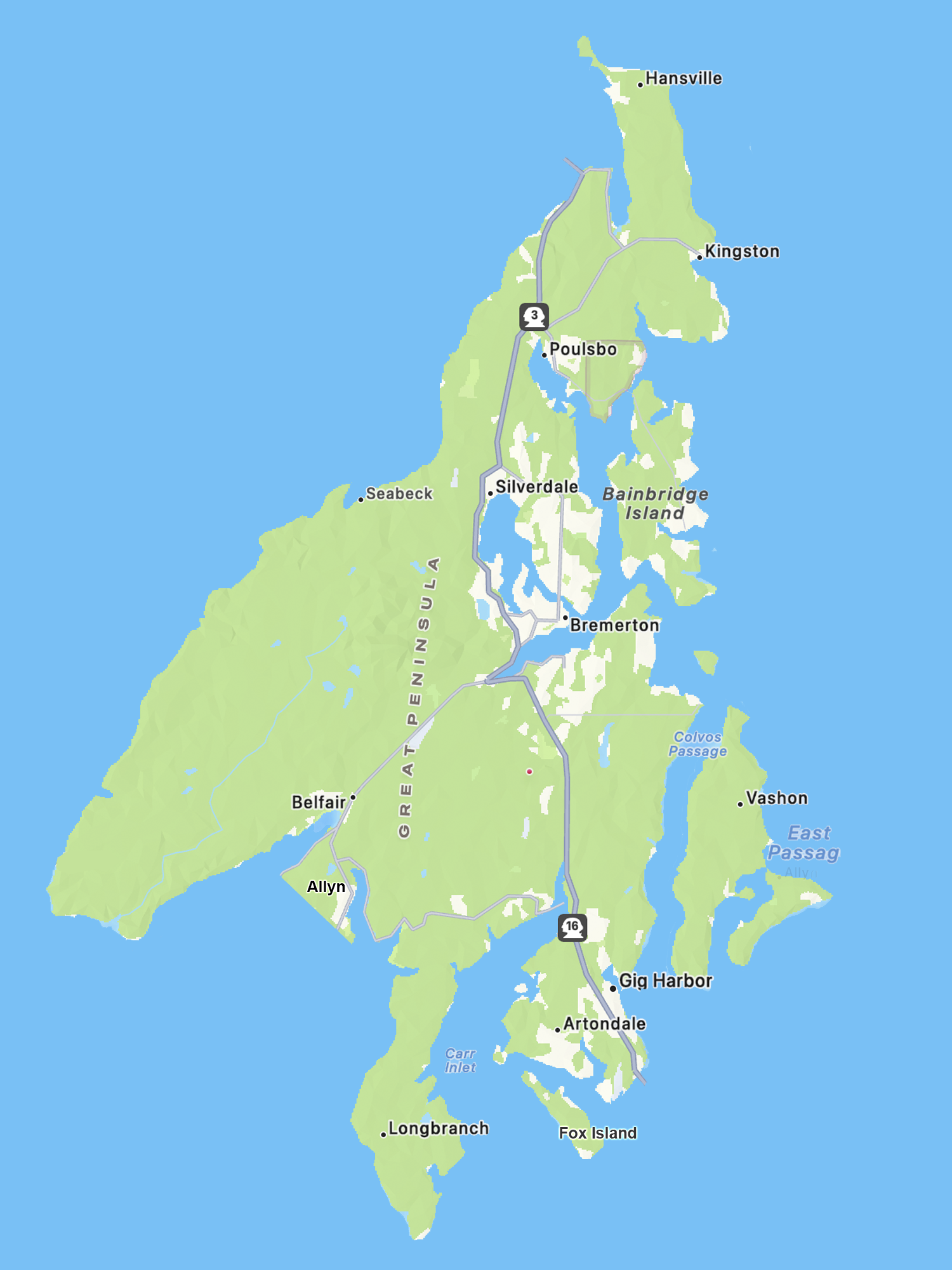 Map showing Peninsula Key & Lock automotive locksmith service area, including Gig Harbor, Kitsap Peninsula, Key Peninsula, Gig Harbor, Vashon, and Bainbridge Island.
