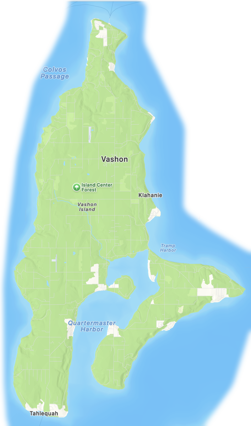 Map of the Vashon Island and Maury Island service area, from Talequah to the north end and from the Point Robinson Lighthouse to Manzanita.