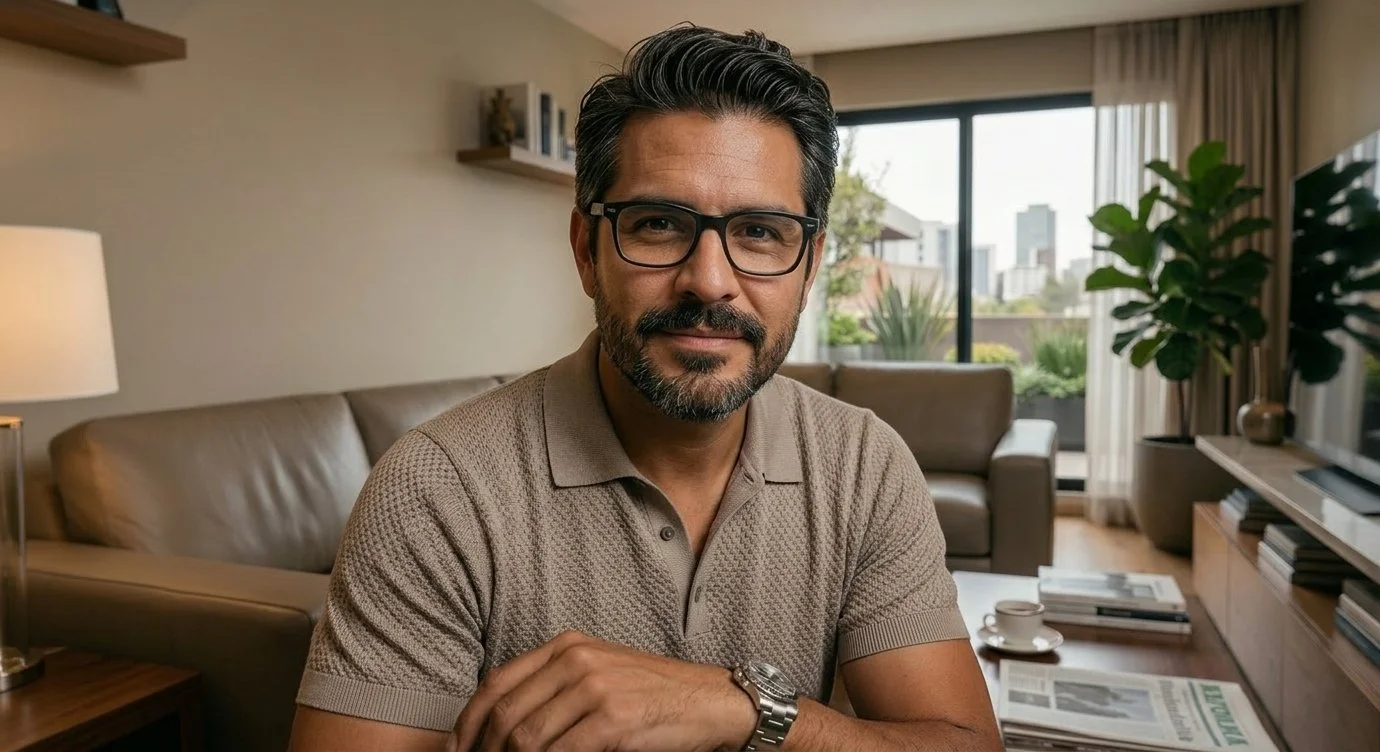 Hombre con barba, gafas y polo beige, sentado en una sala con sillón, plantas y ventanas grandes que dejan ver edificios y un cielo despejado.