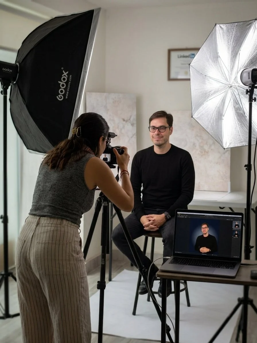 Sesión de fotos en un estudio. Una mujer toma fotos de un hombre sentado frente a un fondo blanco, con equipo de iluminación y computadora portátil en primer plano.