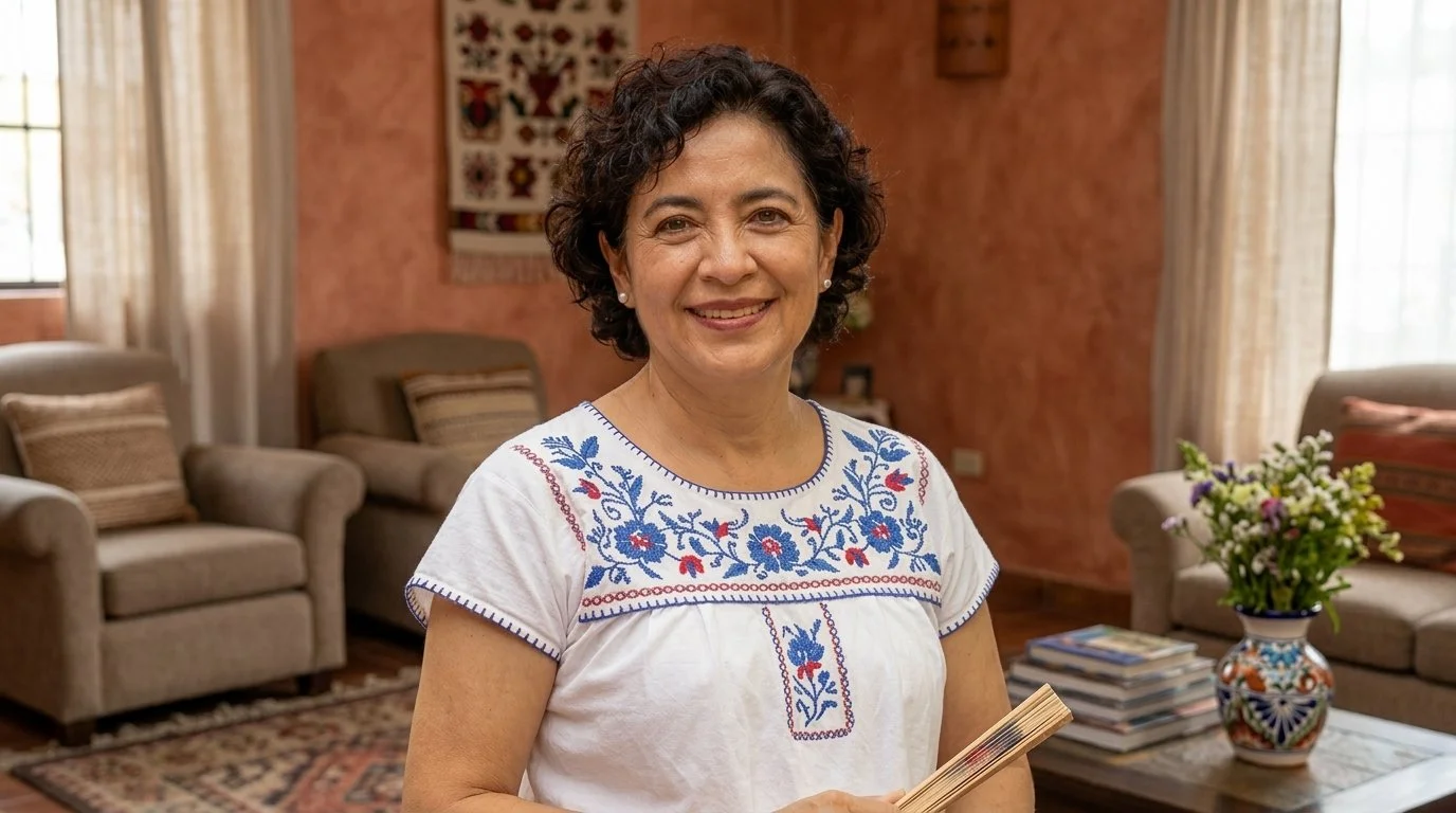 Mujer sonriente con blusa blanca con bordados azules y rojos, en una sala con sofas beige, un florero con flores y un montón de libros en la mesa.