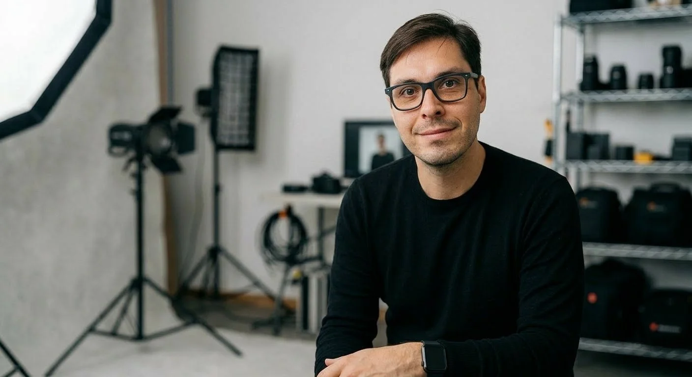 Un hombre joven con gafas mira hacia la cámara, en un estudio de fotografía o vídeo, con equipo de iluminación, cámaras y estantes con accesorios en el fondo.