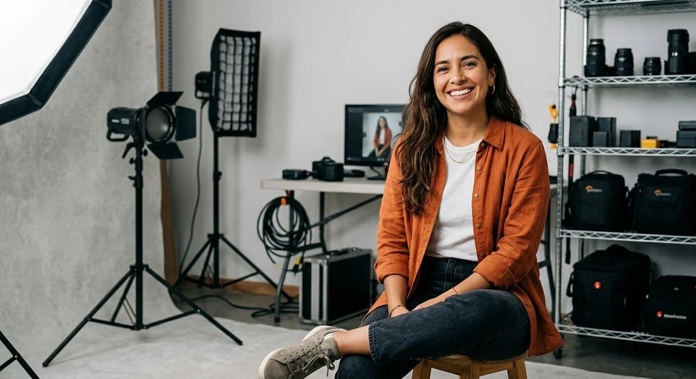 Mujer sonriendo en un estudio de fotografía, sentada en un banco de madera, con equipo fotográfico y cabina de luces en el fondo.