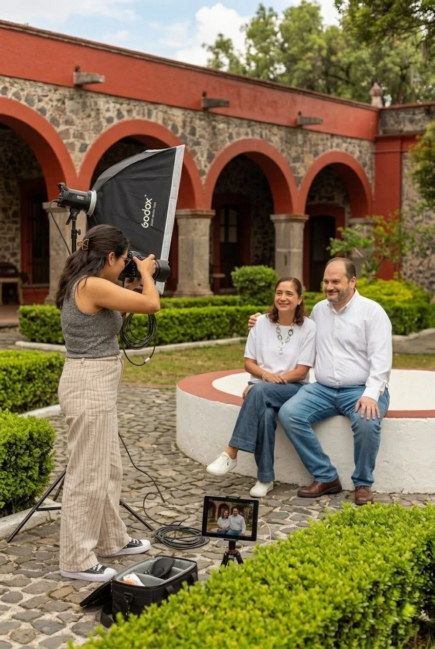 Una mujer está tomando una fotografía de una pareja que está sentada en una especie de fuente en un jardín, con un edificio de piedra y arcos rojos al fondo. La escena es de una sesión de fotos al aire libre en un día soleado.