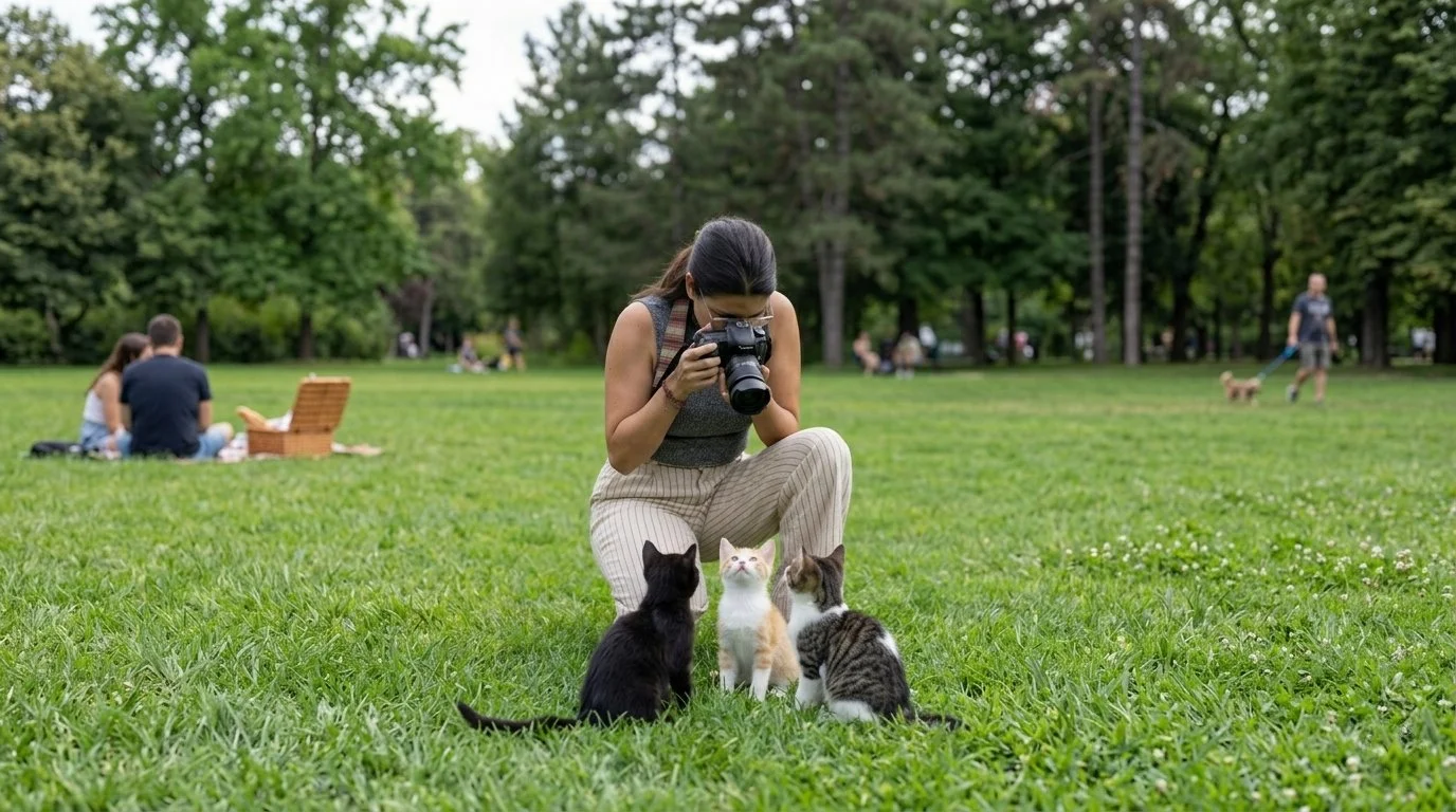 Una mujer tomando fotos a tres gatos en un parque, mientras otros parques y personas con perros están en el fondo.