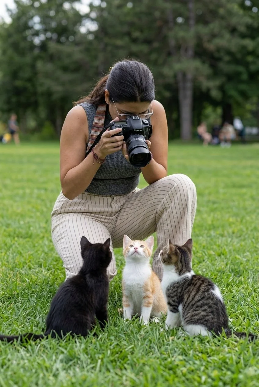 Mujer con lentes tomando fotos a tres gatitos en un parque con césped y árboles.