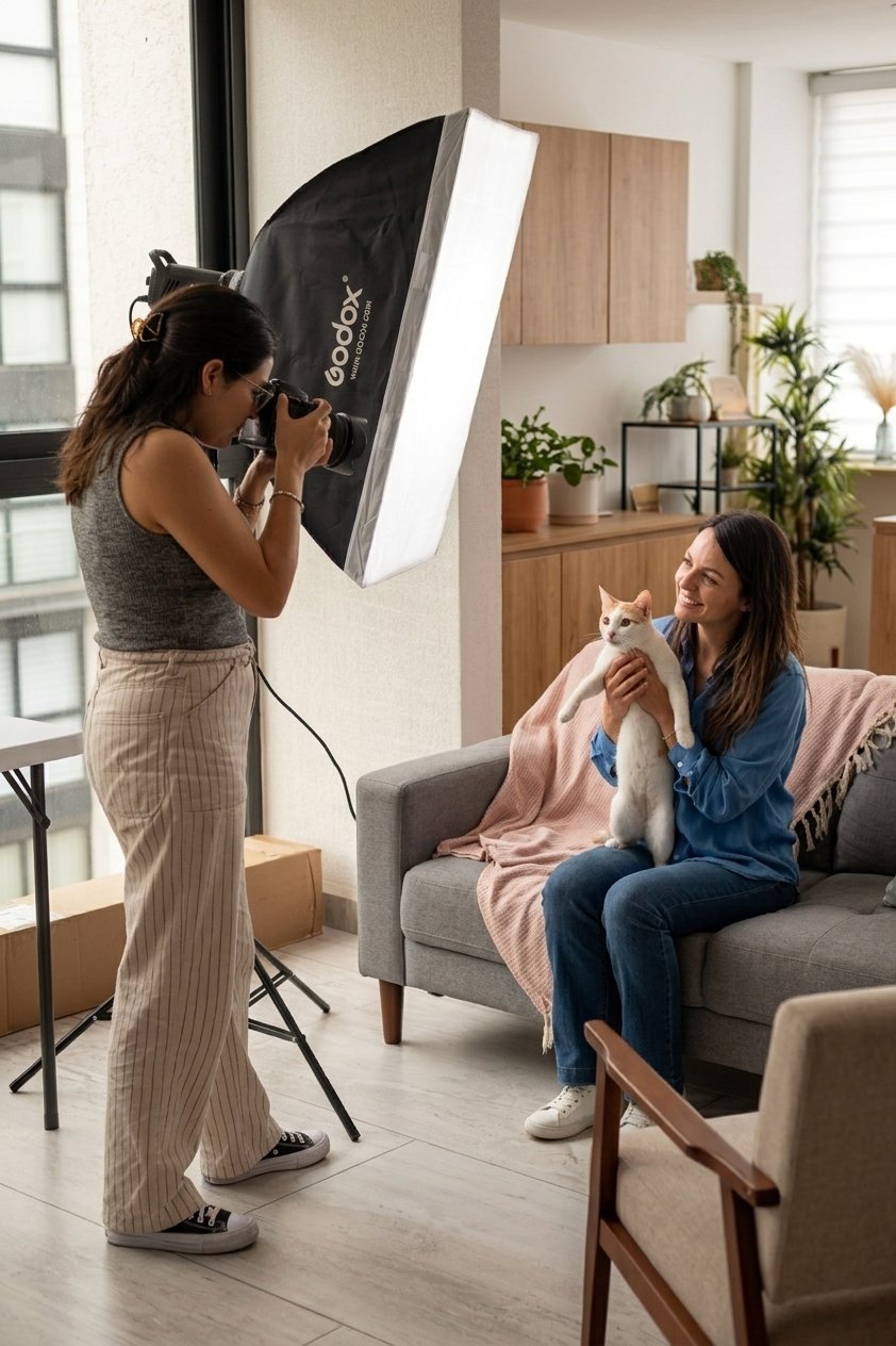Una mujer toma una fotografía de una mujer sonriendo que sostiene a un gato en un salón iluminado por luz natural.