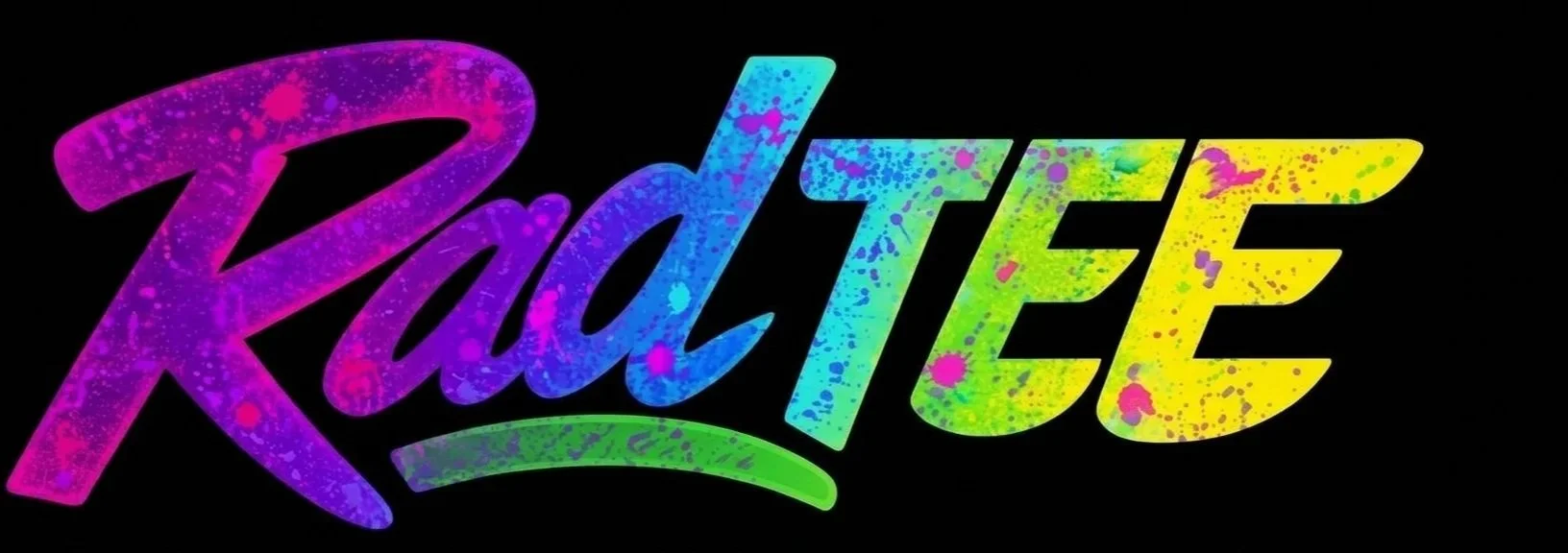 Colorful graffiti-style text that reads 'RadTee' on a black background with a splash paint design