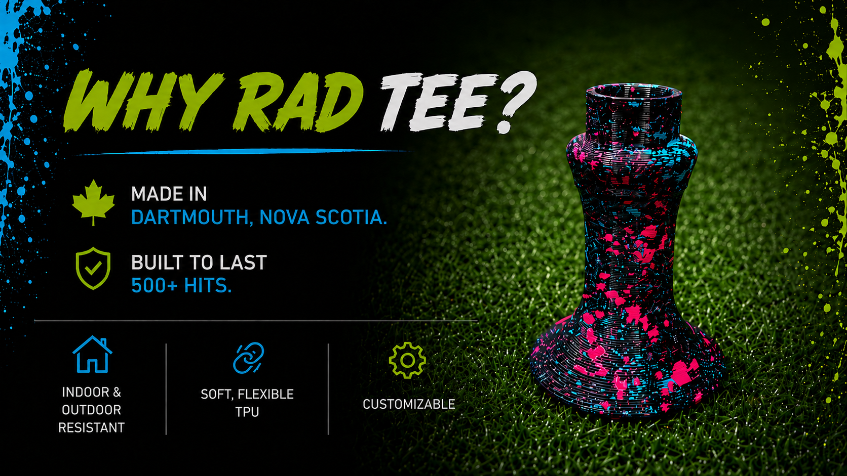 Promotional graphic for a custom TPE golf tee, featuring a black background with splashes of blue and lime green, highlighting the tee's durability, flexibility, and customization, with a colorful, patterned golf tee on a grassy background.