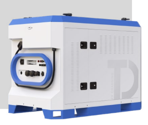 Generador de energía portátil con carcasa blanca y detalles en azul.