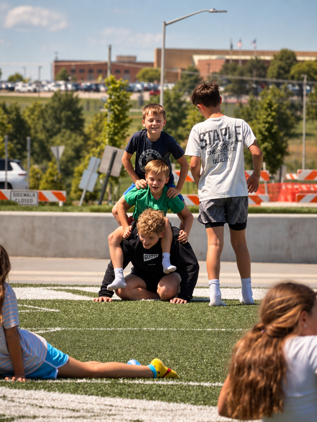 Children playing during an outdoor activity, forming a human stack on a sports field on a sunny day.