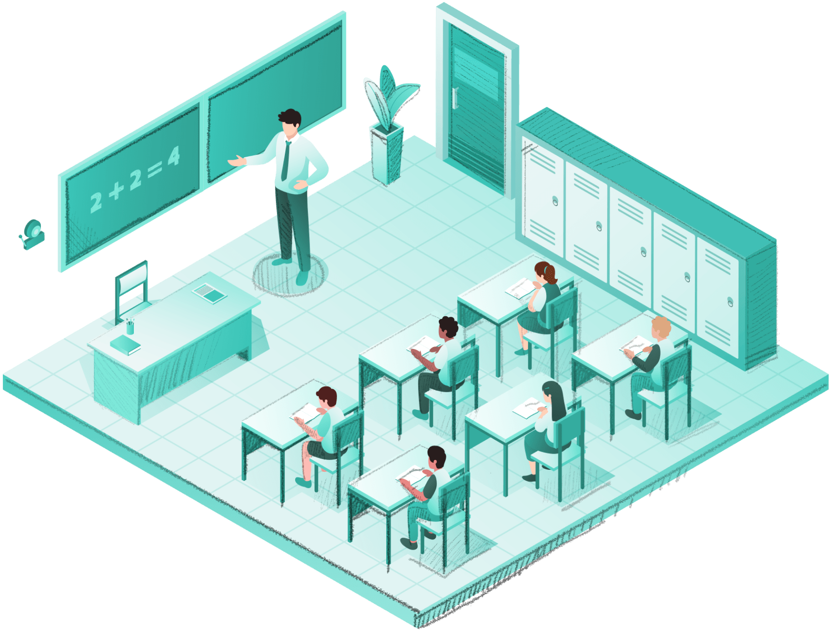 An isometric illustration of a classroom with students seated at desks and a teacher writing on a chalkboard with a math problem, in a modern, clean design.