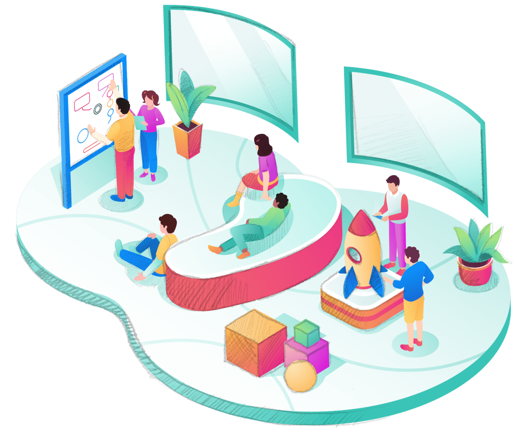 An illustration of a collaborative workspace with people engaging in discussions, working on tablets, and a large board with a flowchart, with plants and geometric blocks scattered around.