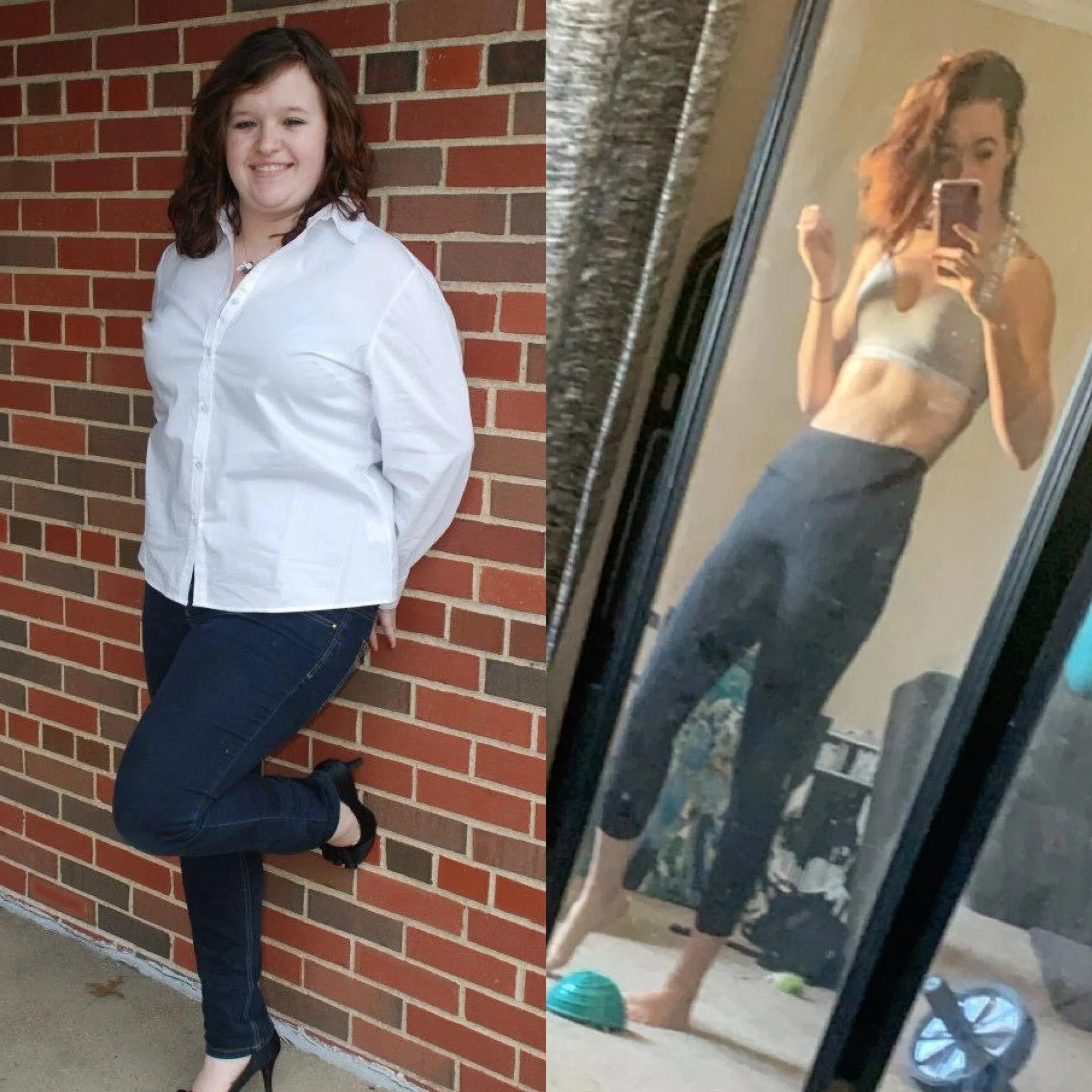 A young woman with curly red hair wearing a white shirt and dark jeans, standing outdoors against a brick wall, smiling. The image is mirrored along the vertical axis, showing her reflection on the glass of a window showing a large weightloss.
