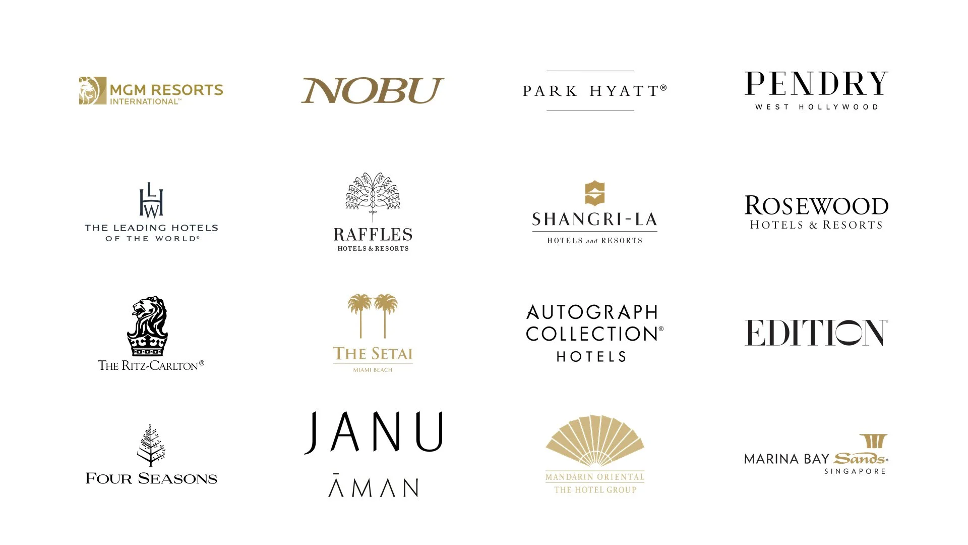 A collection of hotel and resort logos, including MGM Resorts International, Nobu, Park Hyatt, Pendry, The Leading Hotels of the World, Raffles, Shangri-La, Rosewood Hotels & Resorts, The Ritz-Carlton, The Setai, Autograph Collection Hotels, Edition, Four Seasons, Mandarin Oriental, Marina Bay Sands, and An Lam.