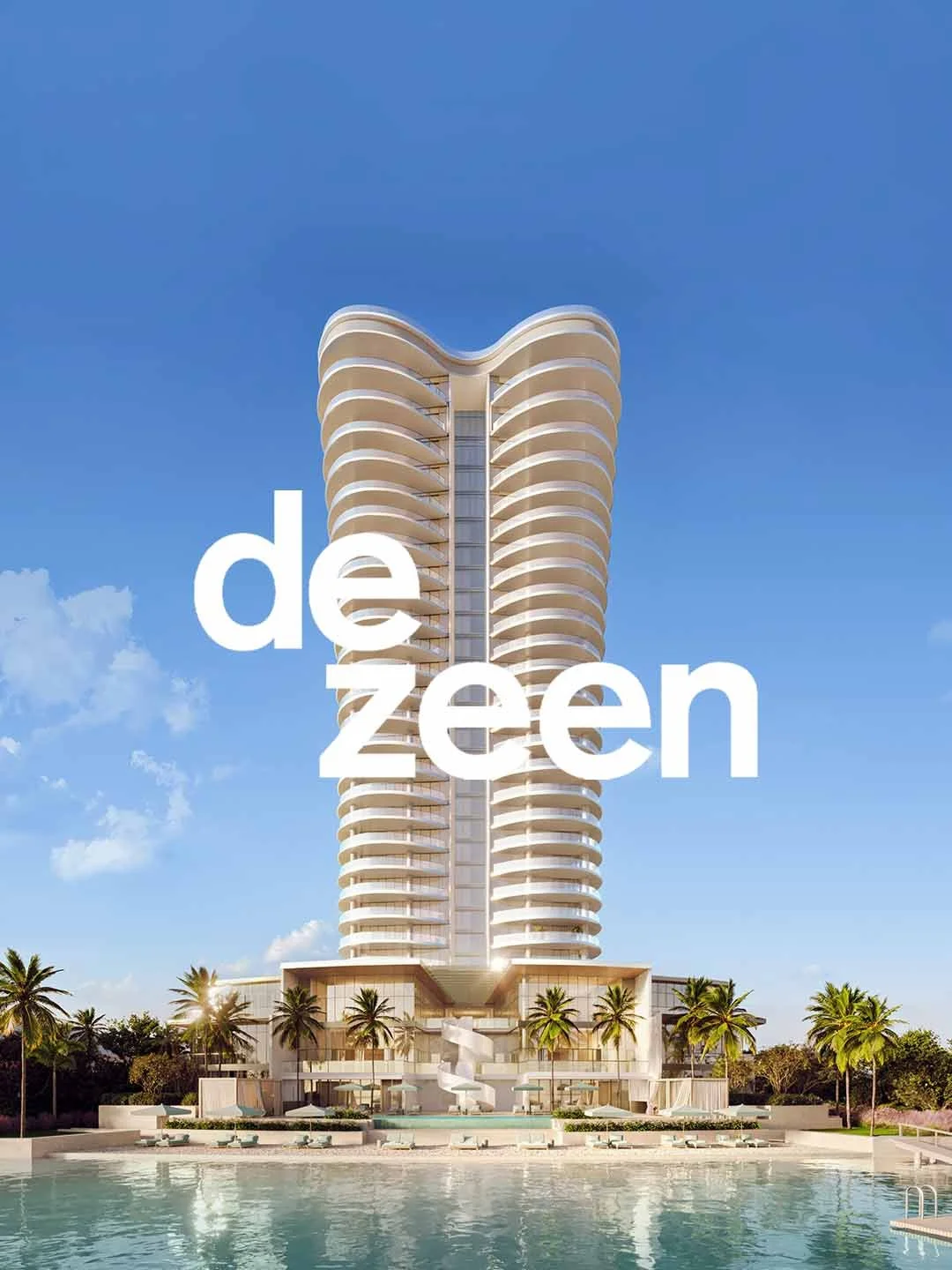 Modern tall hotel building with wavy balconies, surrounded by palm trees and a swimming pool, logo text 'dezen' in front.