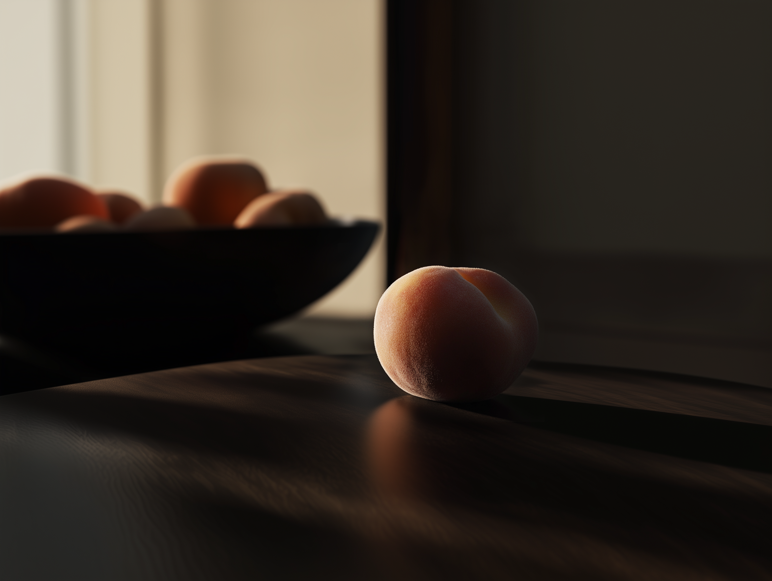 A darkly lit bowl of peaches on a table near a window with beige curtains, sunlight casting shadows on the surface.
