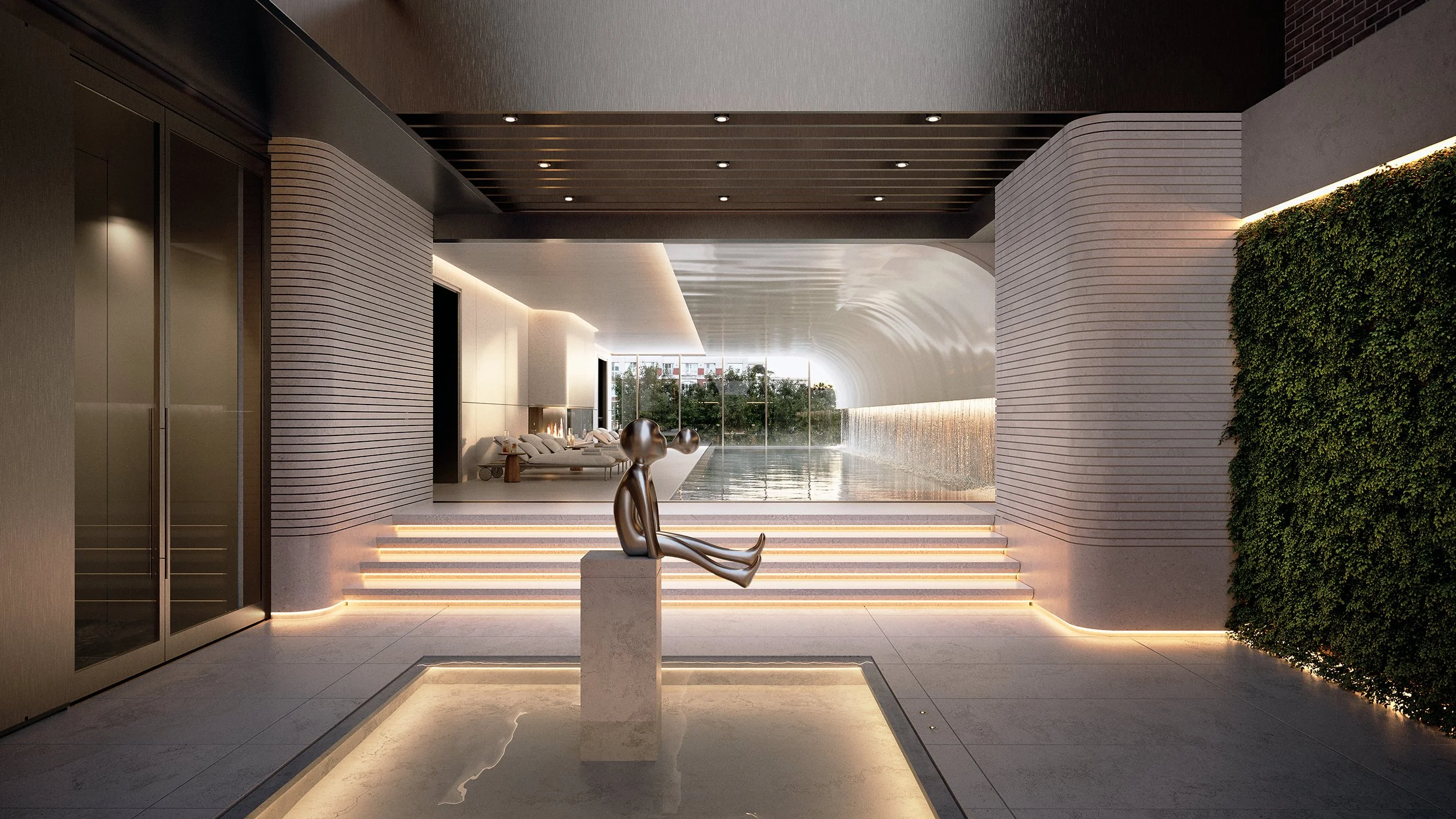 Modern indoor pool area with white curved walls, a water feature, and a metallic sculpture of a sitting figure on a pedestal. Steps with LED lighting lead to the pool, and there are lounge chairs by the water with a scenic view of trees and buildings through large windows.