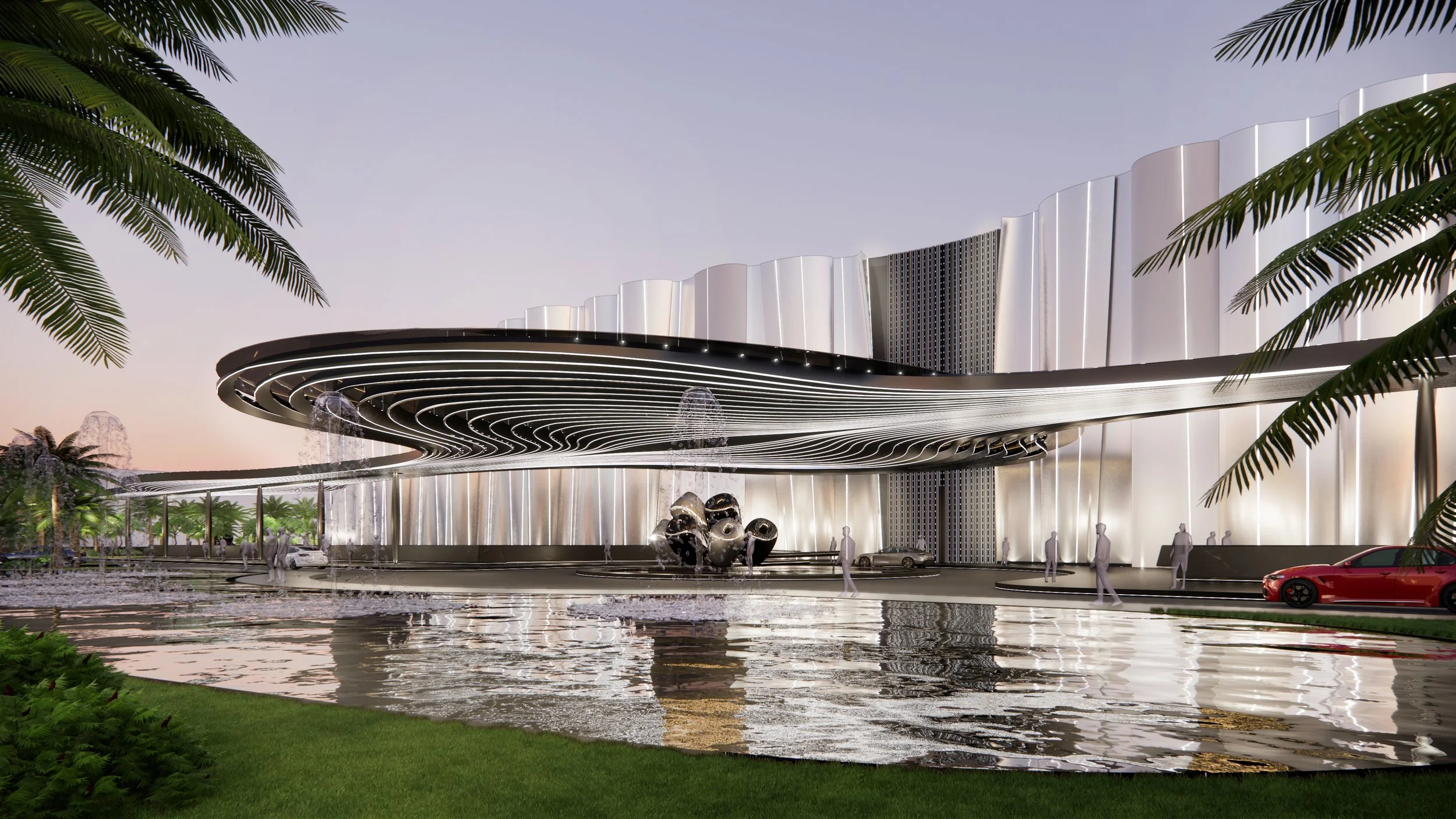 Modern building with futuristic curved roof, surrounded by palm trees, water fountain, and landscaped area, at twilight.
