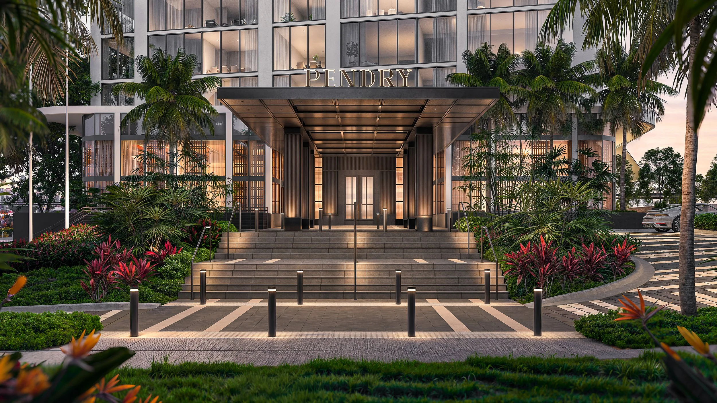 Modern hotel entrance with stairs, tropical landscaping, and a sign that reads 'PENDRY', two stories of glass windows, and palm trees in the foreground.