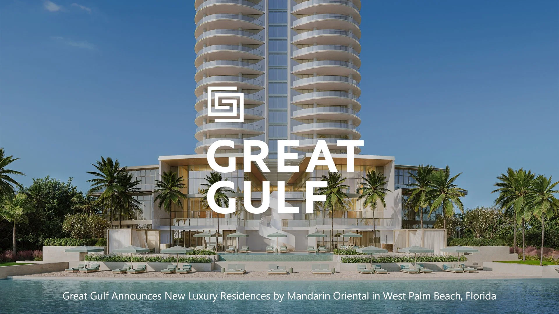 A modern high-rise luxury residential building with curved balconies, surrounded by palm trees, with a pool and lounge chairs in the foreground, under a clear blue sky.
