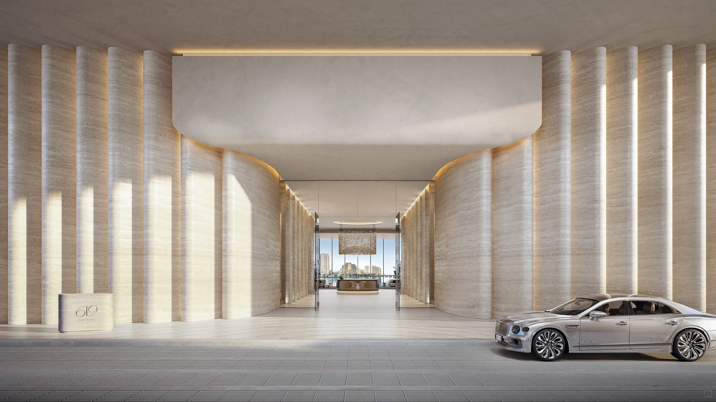 Modern building lobby entrance with beige stone walls and columns, a reception area in the distance, large window with city view, luxury sports car parked outside.