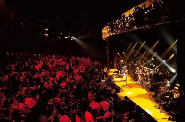 Musicians performing on stage at a concert with an audience watching, illuminated by stage lights.