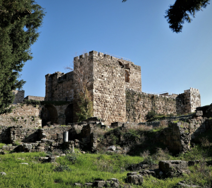Ancient stone fortress or castle on a hill with greenery and a blue sky.
