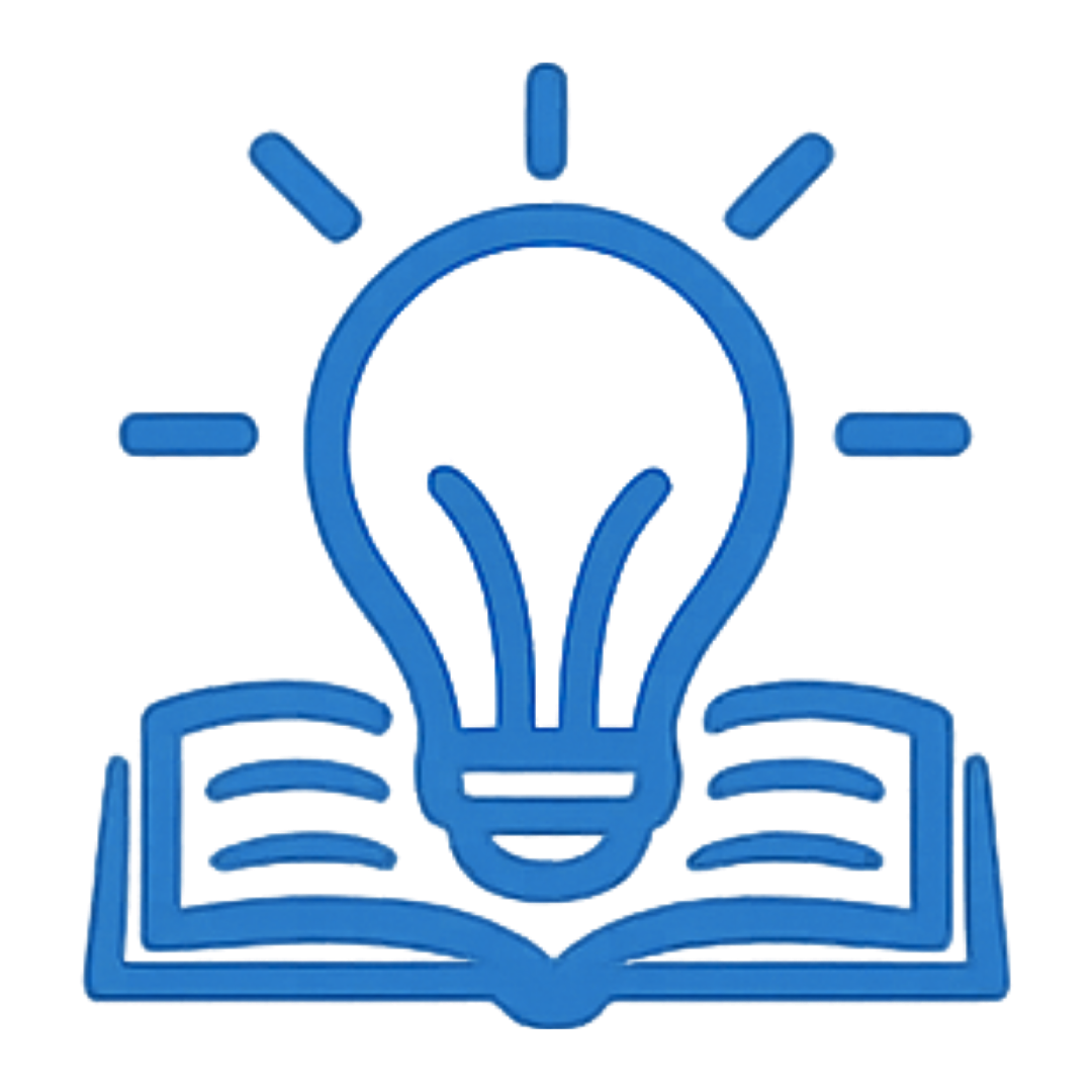 Line drawing of a light bulb above an open book, with rays emanating from the bulb.