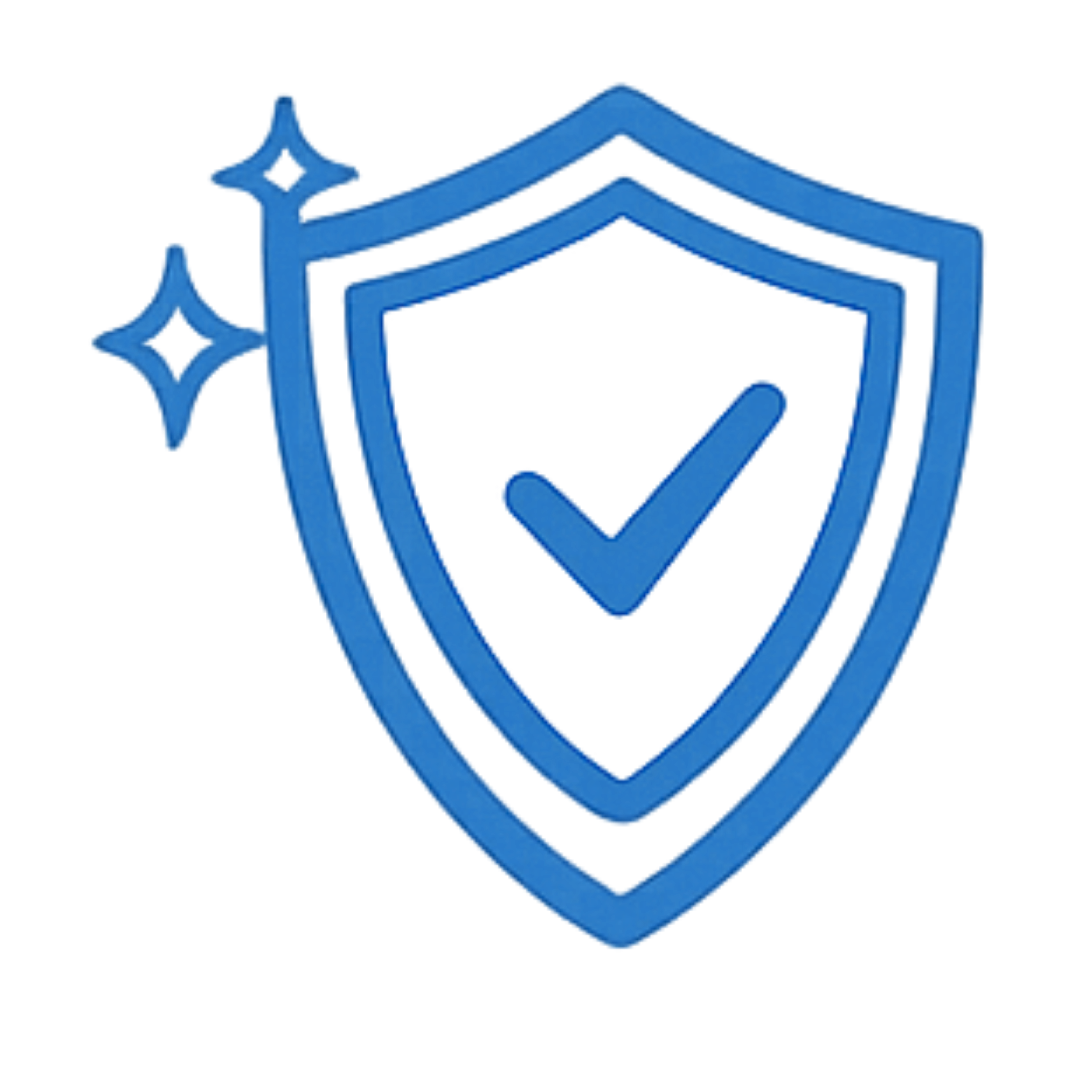 Blue shield with checkmark and sparkling accents symbolizing security or protection.