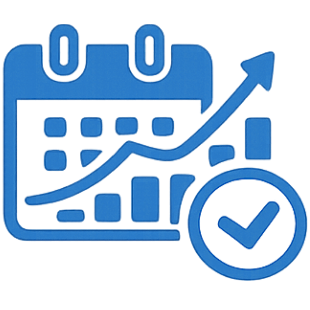 A calendar icon with a rising trend line graph and a checkmark symbol.