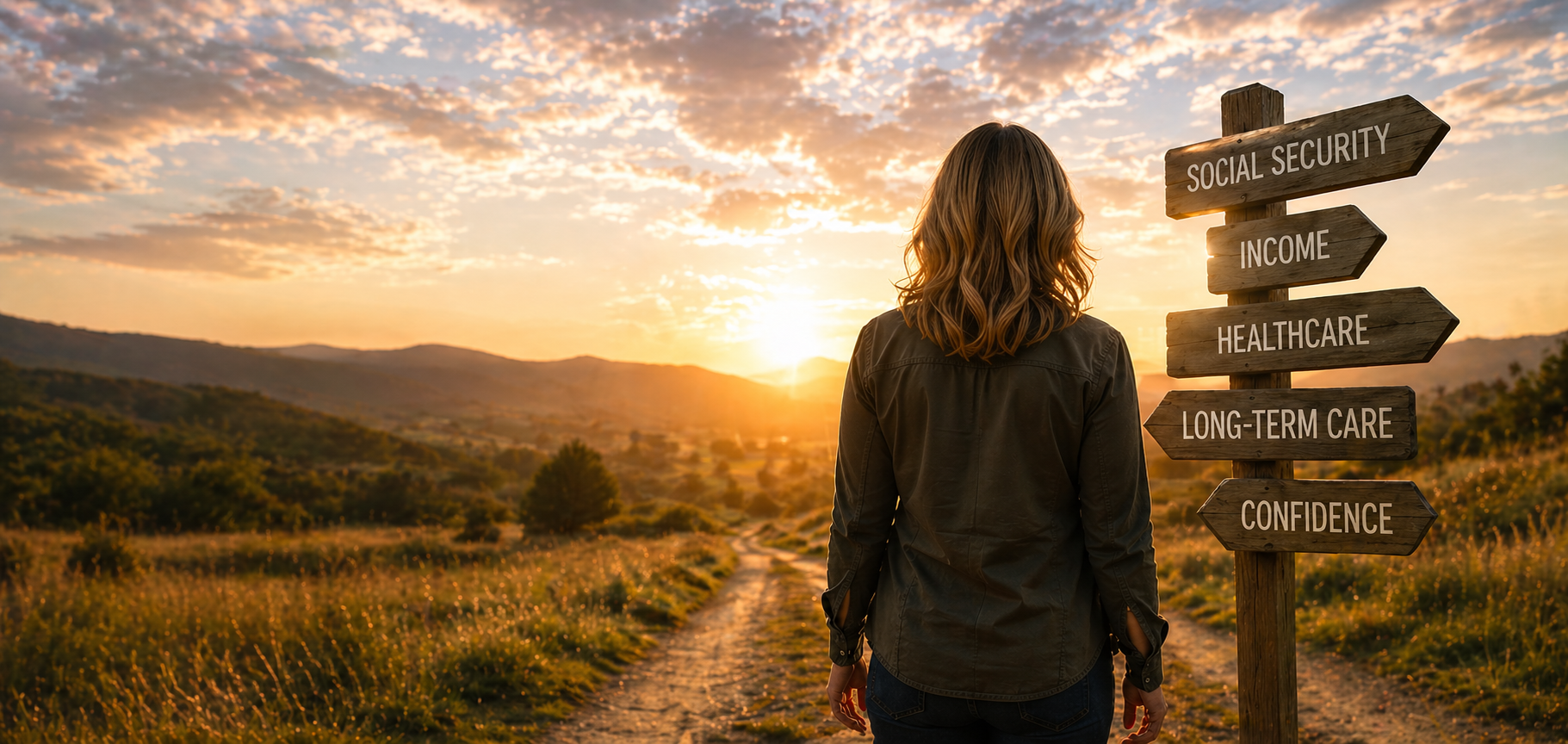 A woman with shoulder-length wavy hair stands outdoors during sunset, facing a signpost with directions to social security, income, healthcare, long-term care, and confidence. The scene features rolling hills, trees, and an open sky with scattered clouds.