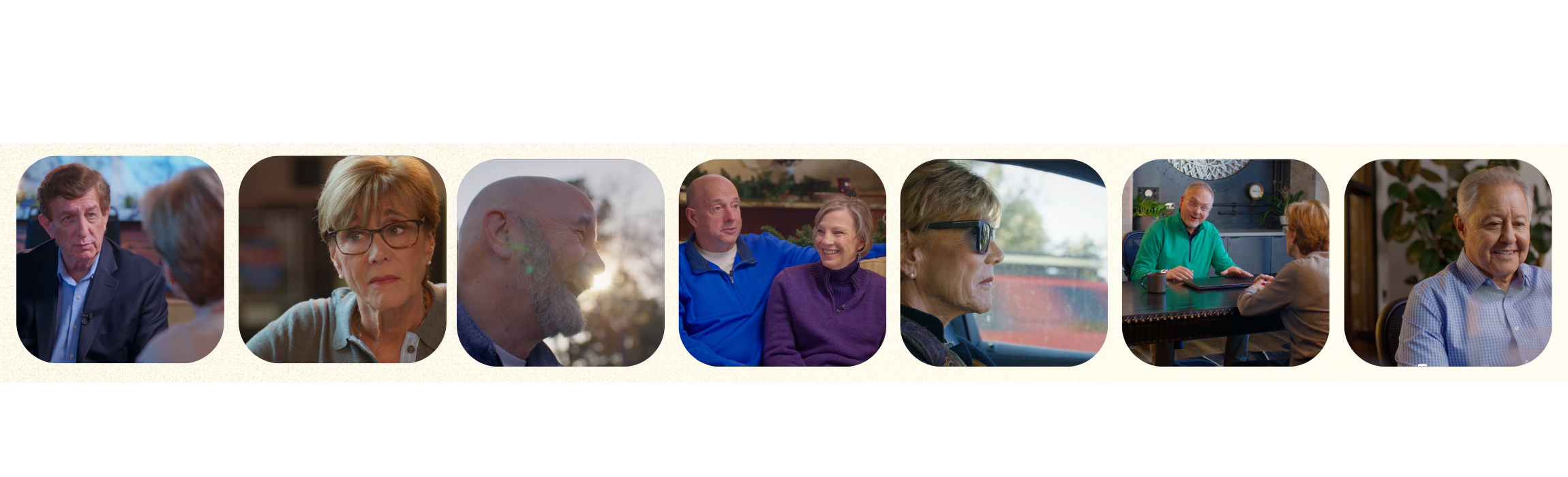 Series of eight photos showing various older adults engaging in conversations and activities indoors and outdoors.