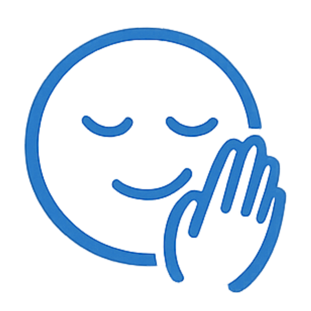 Blue neon smiley face with closed eyes and a hand gently touching its cheek, conveying a peaceful or content expression.