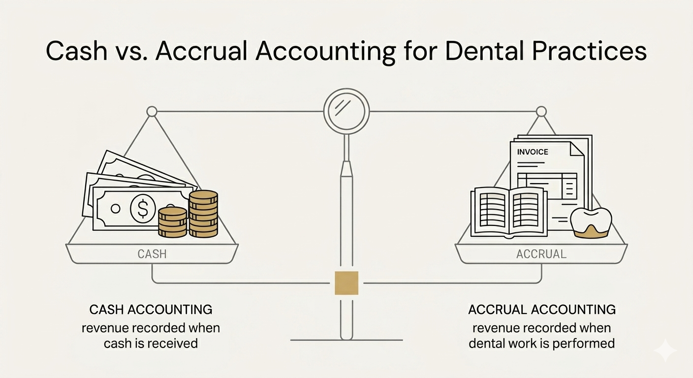 Comparison of cash vs. accrual accounting for dental practices, illustrating how accrual bookkeeping matches revenue to performed dental work rather than deposit dates.