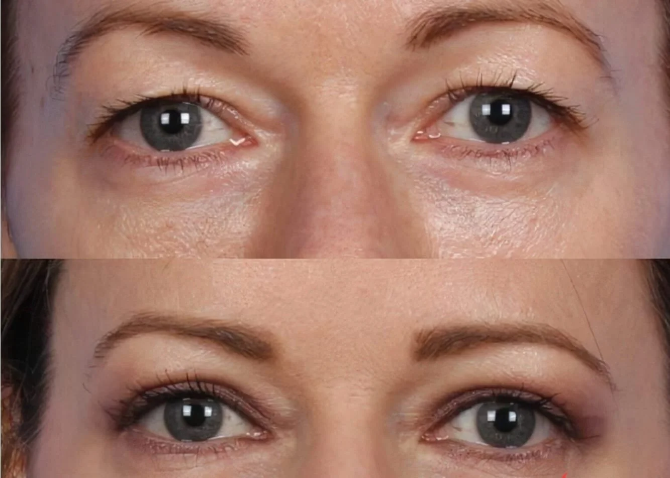 Close-up of a woman's eyes before and after makeup application