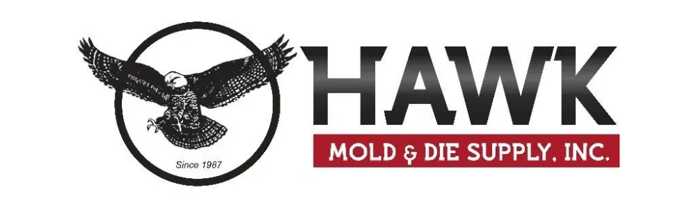 Endurance Carbide partner -Hawk Mold & Die Supply, Inc. logo featuring a black and white hawk inside a circle, with the text 'HAWK' in bold black letters and 'MOLD & DIE SUPPLY, INC.' in white on a red background.