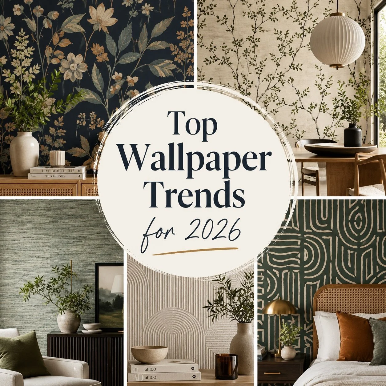 Collage of 2026 wallpaper trends including dark florals, botanical prints, grasscloth texture, and bold geometric patterns