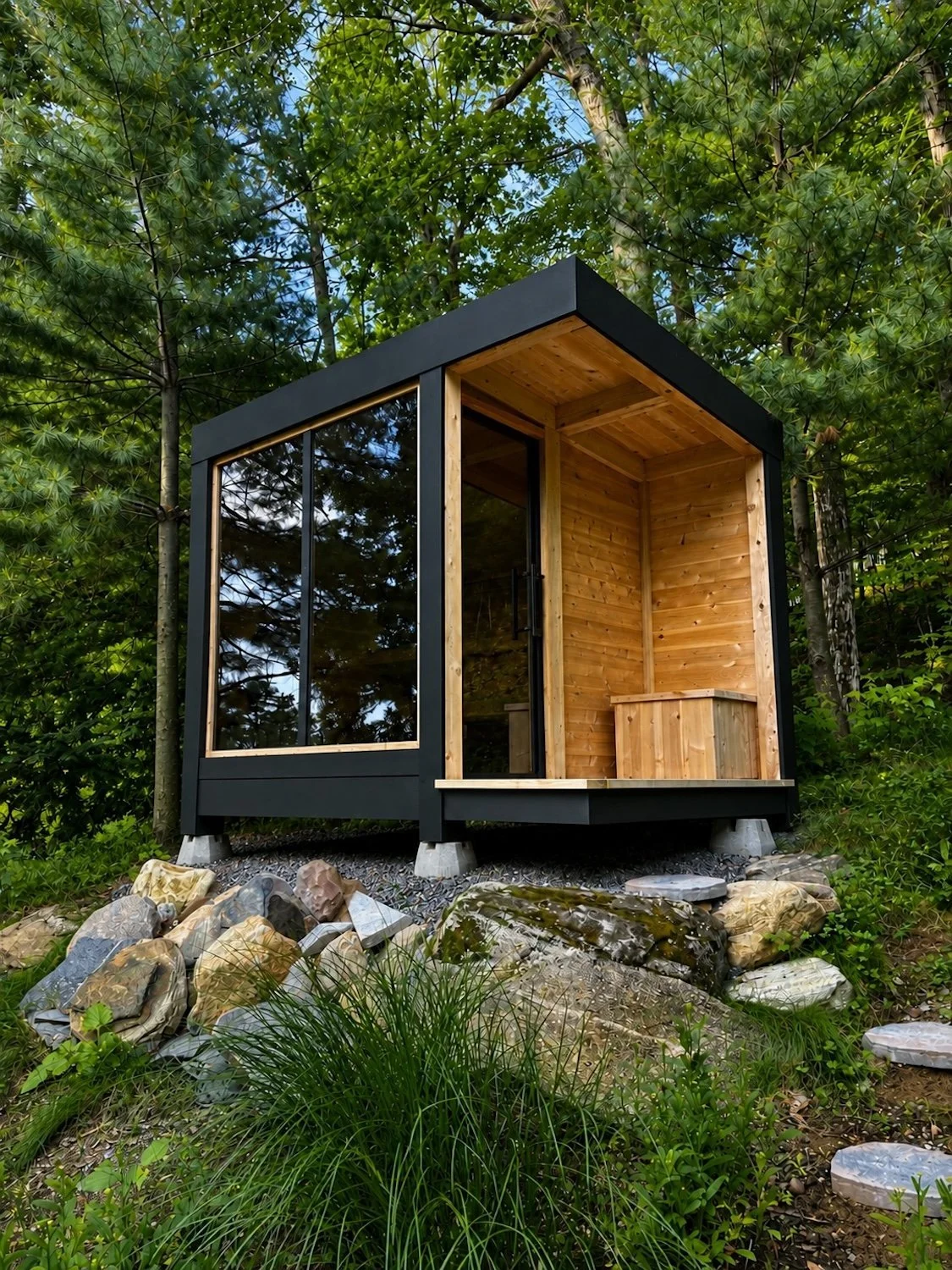 Modern black and cedar sauna with a glass front and covered entry, raised on piers above a rocky slope in the woods