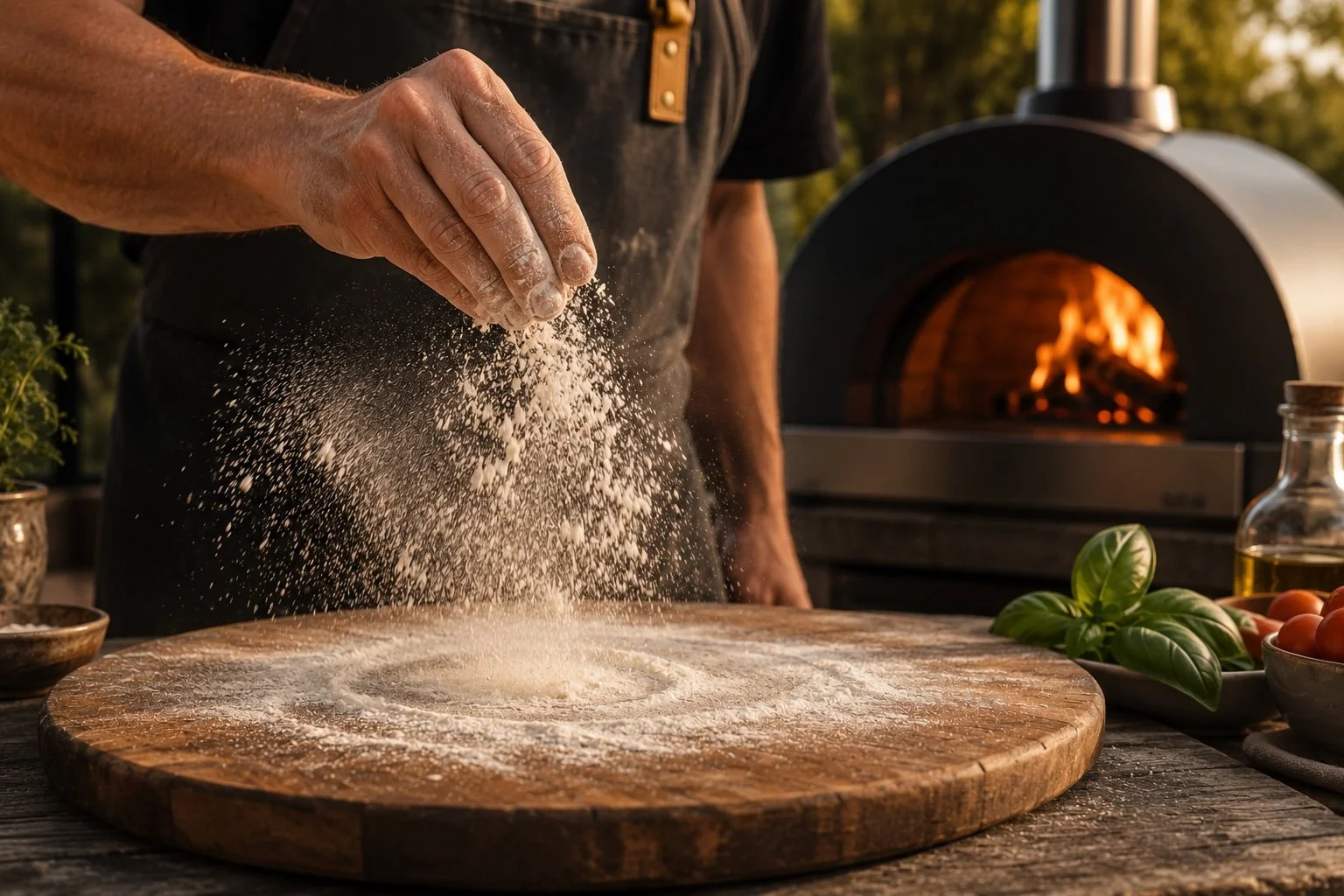 Dusting homemade pizza dough with flour beside a wood-fired Alfa pizza oven