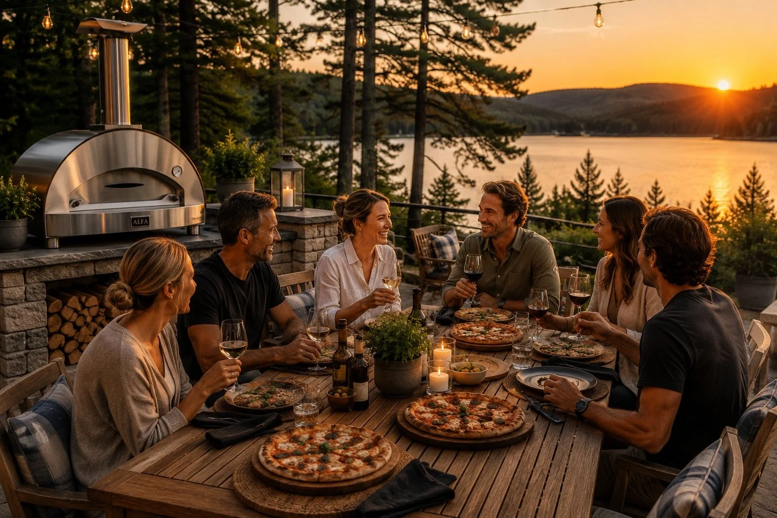 Friends gathered at sunset around a Muskoka lake for pizza night with an Alfa pizza oven