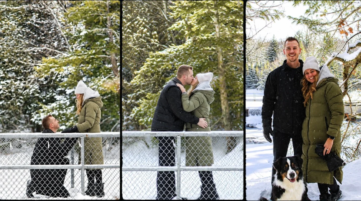 Three-photo sequence of Elliott proposing to Kat on the bridge at Wilson's Falls in Bracebridge — the proposal, first kiss, and celebrating together in the snow with their dog